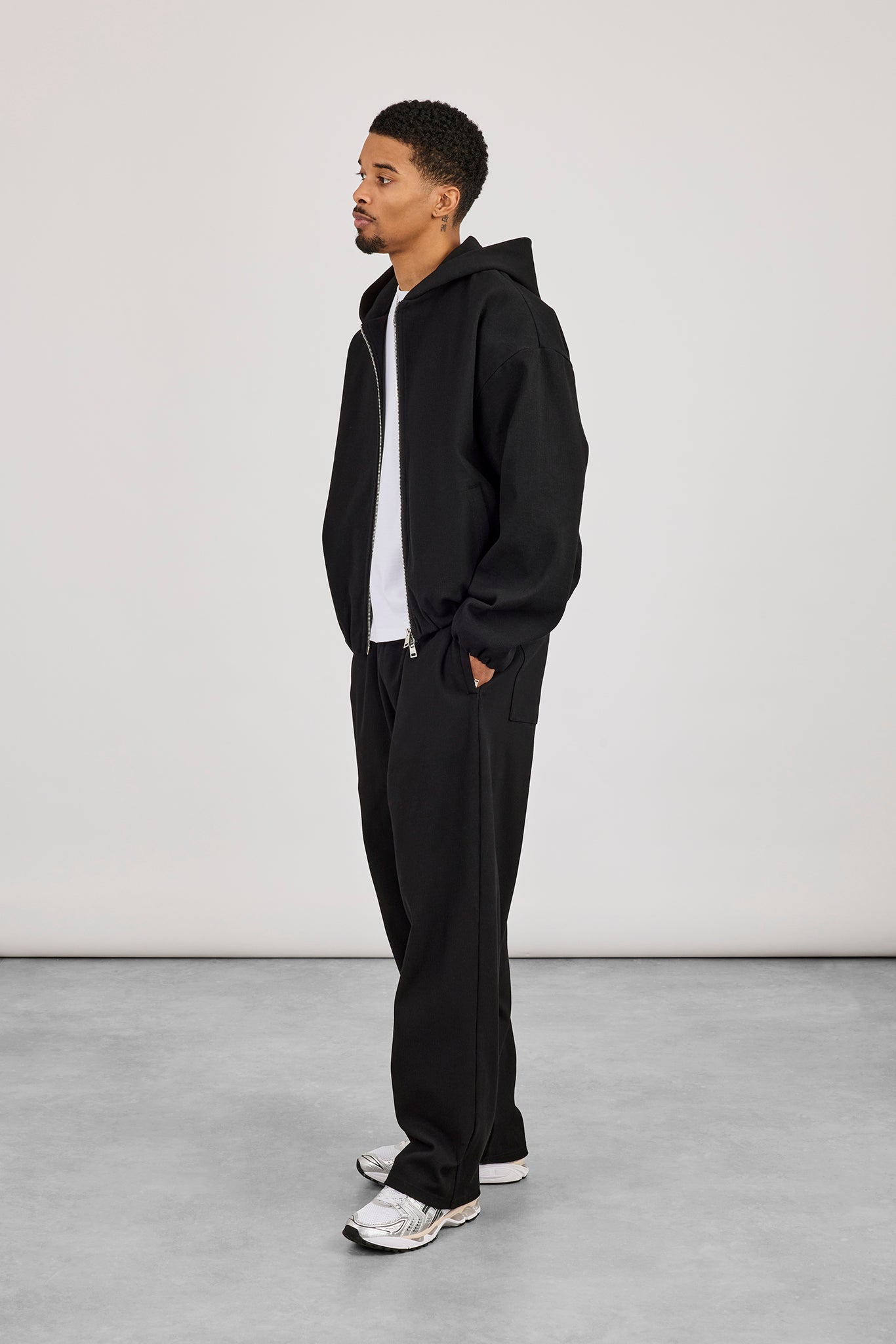 Zip Through Boxy Hoodie - Black